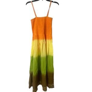 SAKKAS NWT 100% Cotton Smocked Multi Color Rainbow Beachy Embroidered Midi Dress